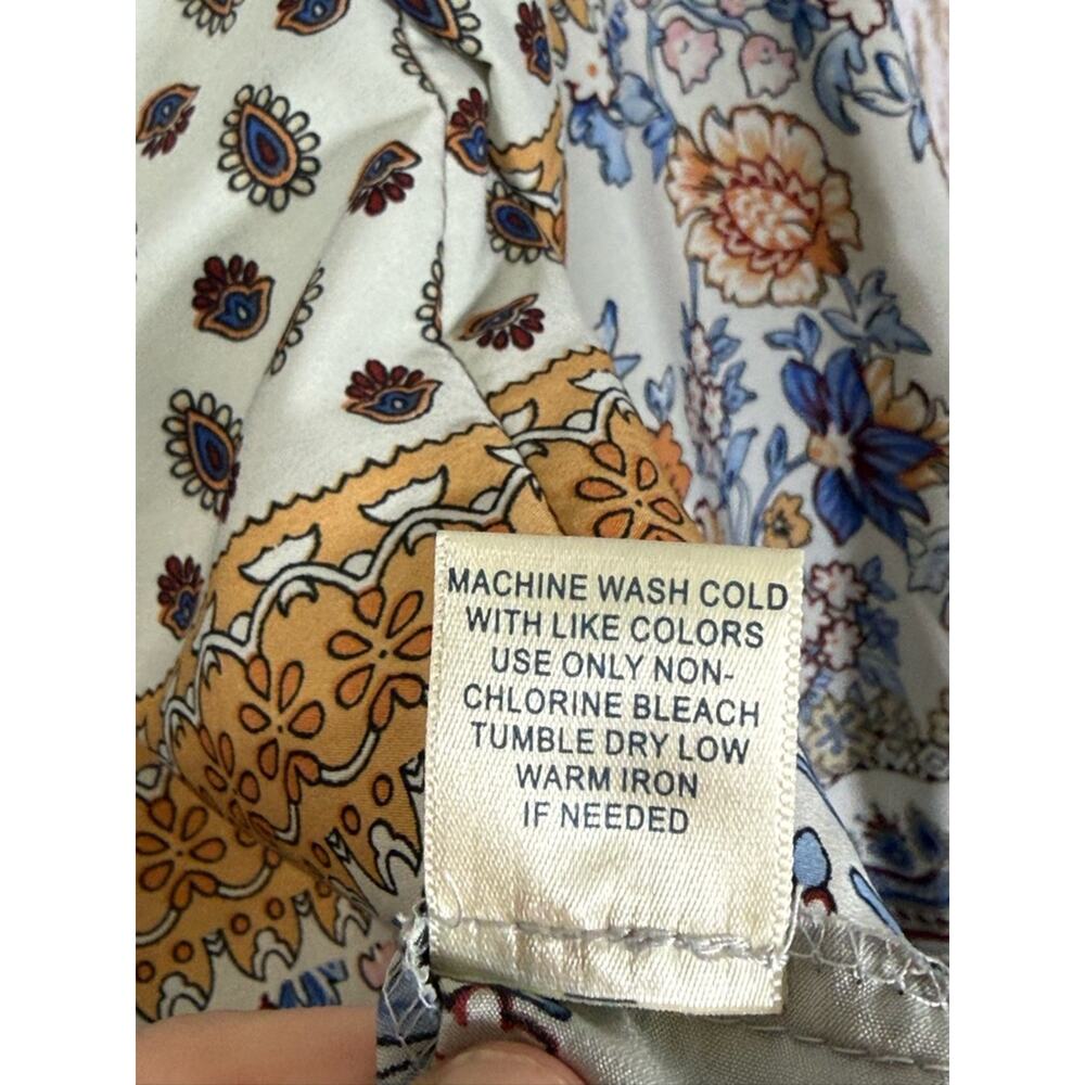 Tantrums, Cream Floral Border Peasant Top w/Blue and Gold Accents. Size Medium. - Picture 5 of 6
